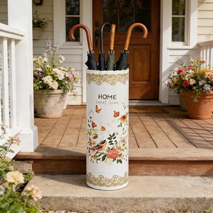 Vintage Metal Umbrella Holder Rustic Round Umbrella Stand Entryway Decorative Organizer Bucket for Home/Office/Farmhouse - Holds Multiple Umbrellas Canes & Walking Sticks (White)