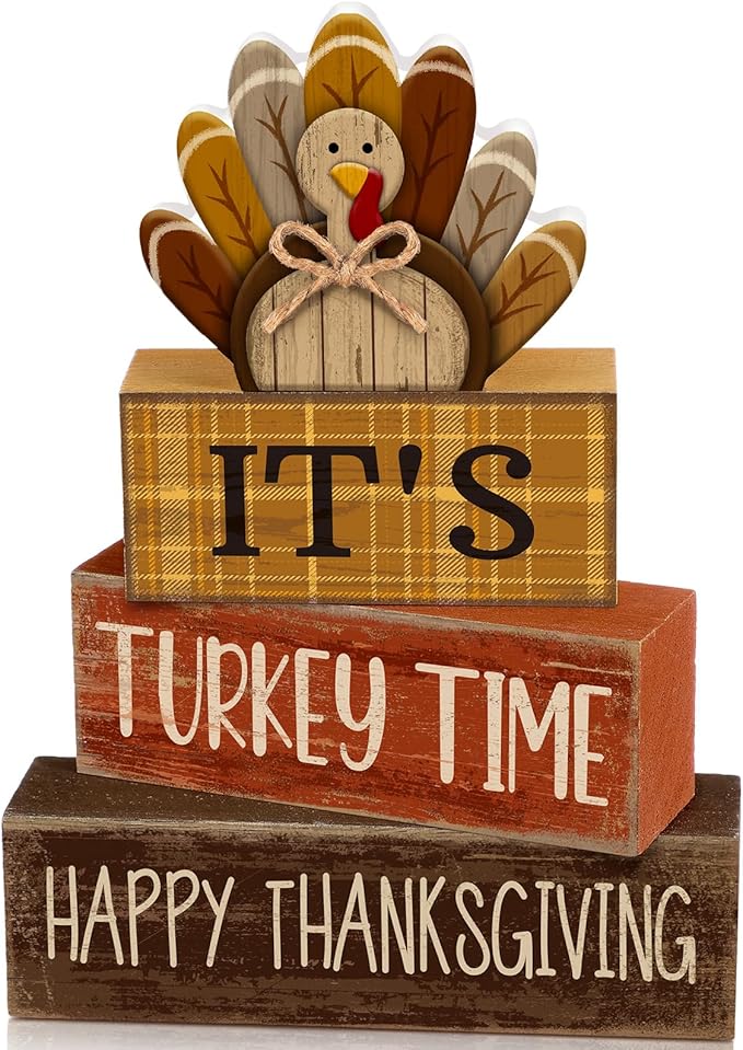 Moucuny 4 Pcs Fall Decorations for Home Wooden Turkey Decor Thanksgiving Tiered Tray Decor Thanksgiving Table Centerpiece Rustic Wooden Turkey Time Block Sign for Autumn Harvest Party Kitchen Shelf