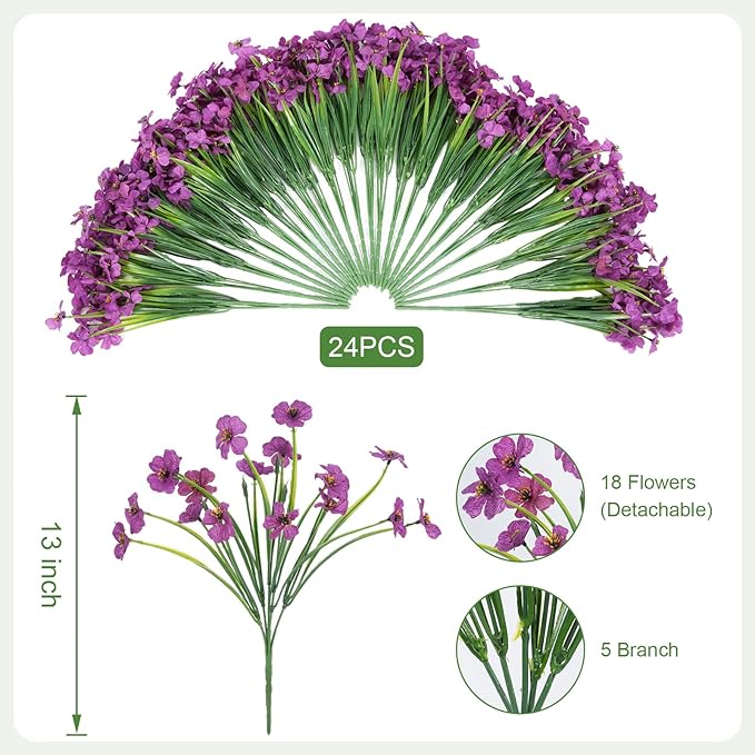 24 Bundles Artificial Flowers for Outdoor Faux Plants for Spring Summer Decoration, UV Resistant Realistic Silk Plastic Fake Flowers Garden Porch Patio Balcony Yard Front Home Decor