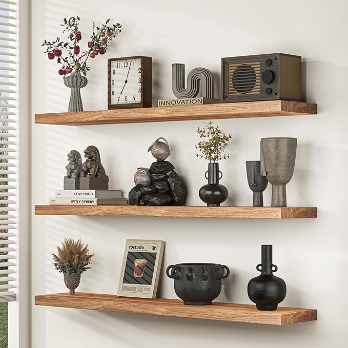 Fun Memories Floating Shelves for Wall Set of 2, Rustic Solid Elm Wood Wall Shelves 32 Inch - Invisible Bracket Mount for Living Room, Bathroom, Bedroom, Kitchen, Natural