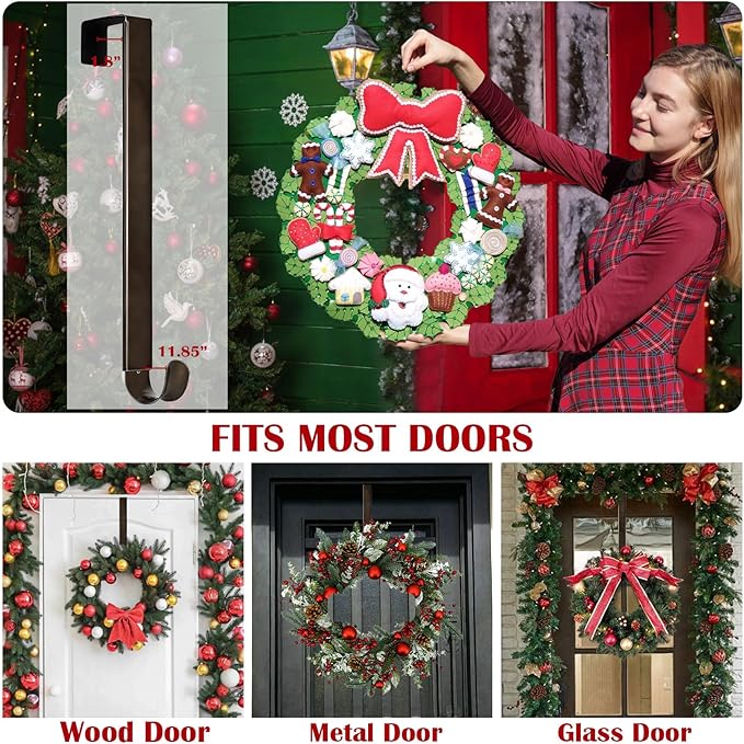 15"to 25" Wreath Door Hanger, Non Scratch Wreath Hangers for Front Door, Metal Door Wreath Hanger Hook Over the Door Hooks, Hanging Fall Easter Christmas Halloween Decor Welcome Sign- Hold Up to 20lbs