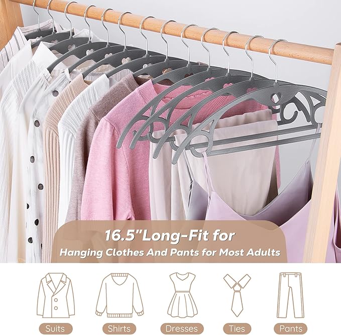 Grey Plastic Hangers 30 Pack, No Shoulder Bumps Ultra Thin Space Saving Clothes Hanger for Suits Adult Coat Heavy Duty Overcoats Dresses Closet