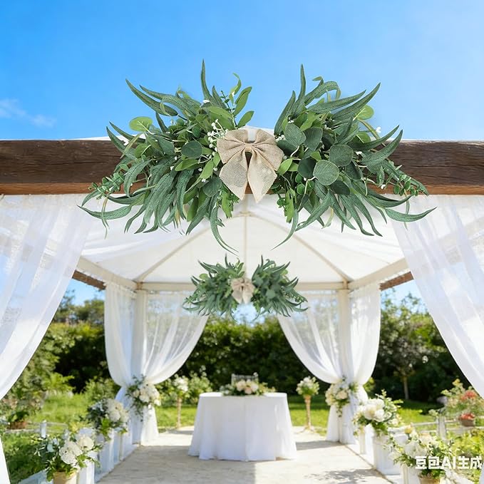 2 Floral Swag for Front Door 24" Greenery Teardrop Swag Eucalyptus Swag Summer Wreath with Eucalyptus Olives Leaves Mixed Berry for Wedding Arch Party Wall Home Garden Decor