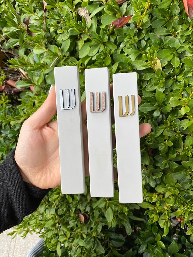 A&S Mezuzot Modern Concrete Mezuzah Case with Scroll, Easy Peel and Stick Mezuza (Grey+ Silver Shin, 6 Inches)