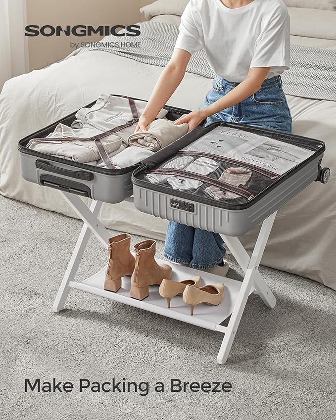 SONGMICS Luggage Rack, Set of 2, Folding Suitcase Stand with Storage Shelf, for Guest Room, Hotel, Bedroom, Heavy-Duty, Holds up to 131 lb, Cloud White URLR007W02
