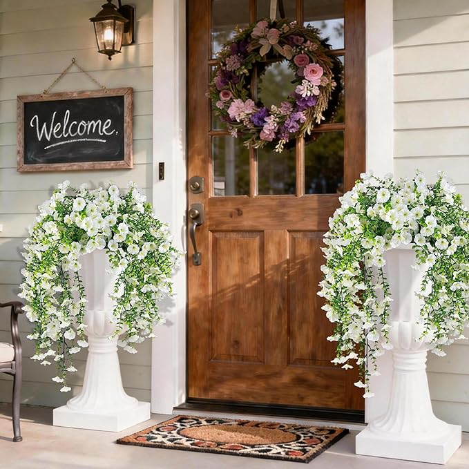 Artificial Hanging Flowers for Outdoors, 2 PCS UV Resistant Faux Silk 150 Morning Glory Each Trailing Vines, Fake Plants for Spring Outdoor Garden Planter Porch Patio Decoration, White