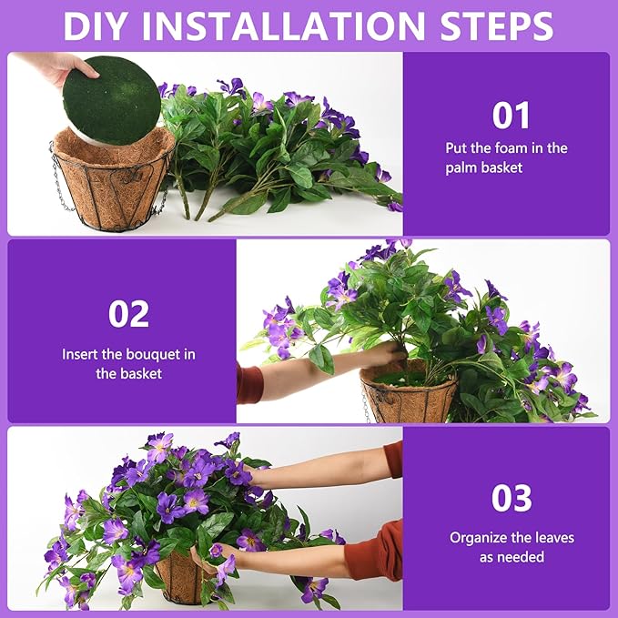 Homsunny Artficial Fake Hanging Flowers Plants with Baskets, 3PCS Silk Faux Outdoor Flowers UV Resistant Real Touch Plastic Flowers for Spring Garden and Home Patio Yard Decor (Double Purple)
