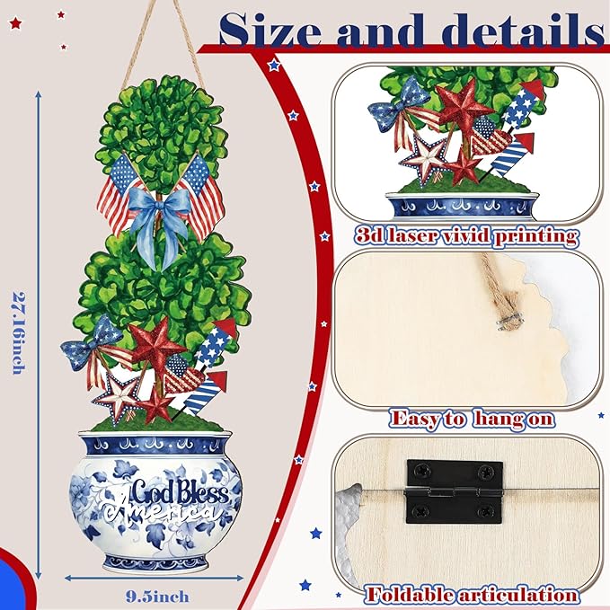 4th of July Large Size Chinoiserie Bonsai Door Hanger Patriotic Topiary Wooden Sign Front Door Home Wreath God Bless America Red White and Blue Ornament for 250 Anniversary Independence Day Yard