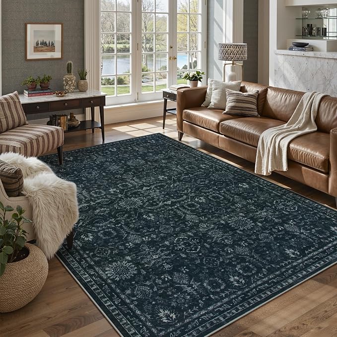 Lahome Black 5x7 Carpet for Bedroom,Boho Washable Area Rugs for Office,Vintage Dark Academia Stylish Living Room Rug,Spill Proof Low Pile Carpets for Dining Room Dorm