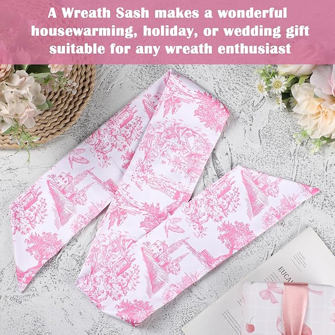 Pink French Toile Wreath Sash - 2 Pcs Sashes for Wreath Front Door Baby Shower Wedding, Rustic Wreaths Sash for Embroidery Monogram Garland Indoor Outdoor