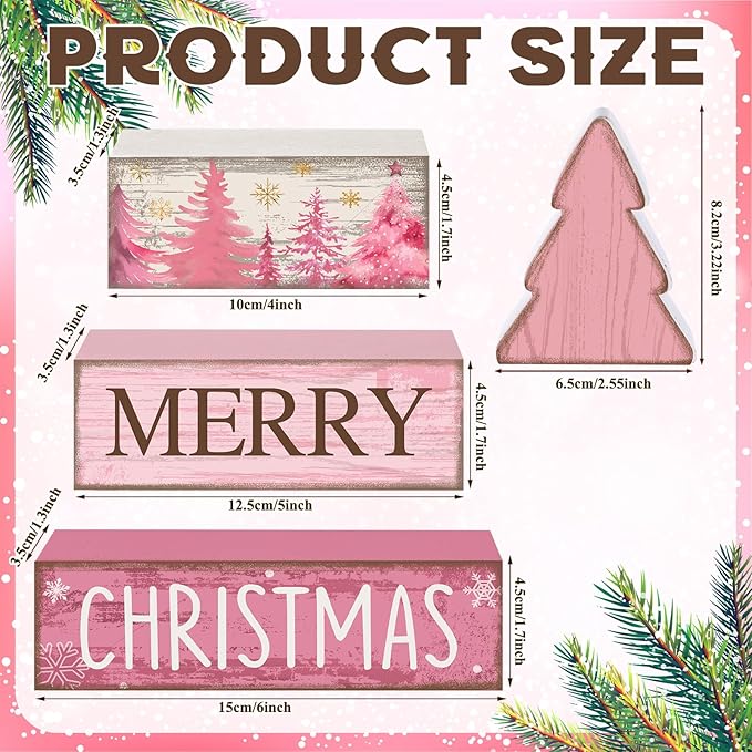 Lineshading 4 Pcs Christmas Table Decoration Wooden Pink Christmas Tree Centerpieces Decor Winter Tiered Tray Decor Rustic Decorative Tree Block Signs Gift Farmhouse Xmas Decoration for Home Kitchen