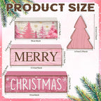 Lineshading 4 Pcs Christmas Table Decoration Wooden Pink Christmas Tree Centerpieces Decor Winter Tiered Tray Decor Rustic Decorative Tree Block Signs Gift Farmhouse Xmas Decoration for Home Kitchen