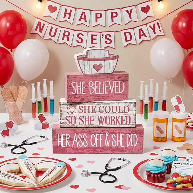 Lineshading 4 Pcs Nurse Appreciation Wooden Block Decor Inspirational "she Believed She Could" Stacked Sign with Nurse Hat Rustic Pink White Table Decoration for Nurses, Graduation Gift, Home & Office