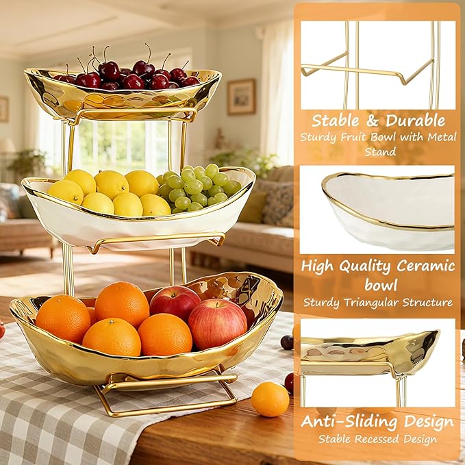 3 Tier Ceramic Fruit Bowl for Kitchen Counter with Metal Rack, Fruit Basket with Stand, Porcelain Bowls for Vegetable Bread Candy Snack Nuts Dessert Cake Tray (Gold 3 Layer)