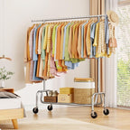 Clothes Rack with Wheels, Rolling Clothing Rack with Shelf, Heavy Duty Clothes Racks for Hanging Clothes, Metal Standing Garment Racks, Silver