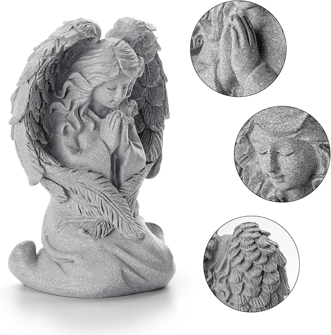 INLOMEM Praying Angel Figurine, Sculpted Hand-Painted Figurine, Angel Wings Statue for Home Decor or Garden, First Communion Gifts for Girls, Religious Gifts for Women (Gray)