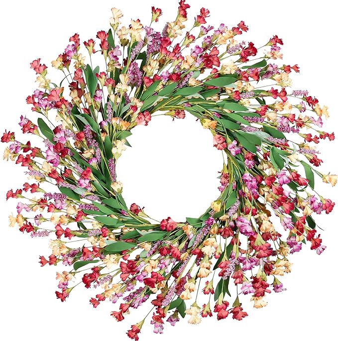 Artgar Front Door Wreath 26 Inch Spring/Summer Wreaths for Front Door, Front Door Wreaths for All Seasons for Indoor Outdoor Home Office Wall Window Wedding Farmhouse Decor (Red&Orange&Purple)