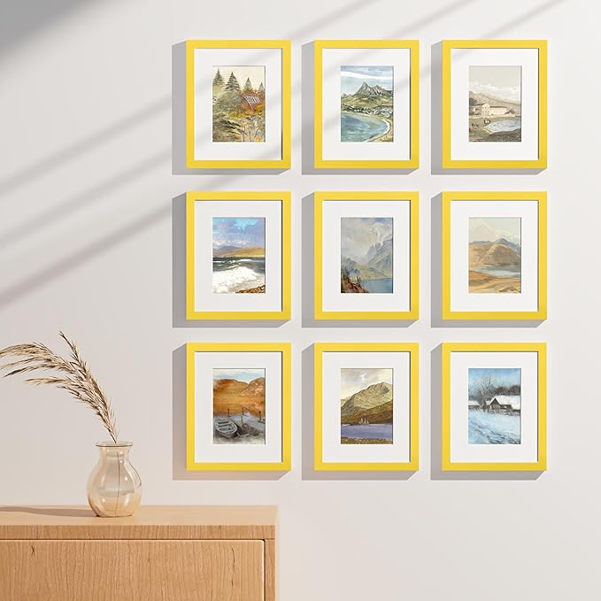 Vittanly 8x10 Picture Frames Set of 9, Shatter Resistant Plexiglass, Display 5x7 Pictures with Mat or 8x10 without Mat, Photo Frames for Wall or Tabletop, Engineered Wood, Yellow