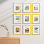 Vittanly 8x10 Picture Frames Set of 9, Shatter Resistant Plexiglass, Display 5x7 Pictures with Mat or 8x10 without Mat, Photo Frames for Wall or Tabletop, Engineered Wood, Yellow