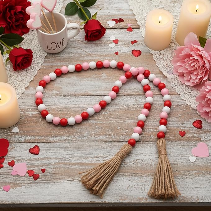 Equsion Seasonal Wooden Bead Garland with Tassels, 3.3 ft Holiday Vintage Boho Bead Garland Easter Tray Decoration, Vase Wall Room Art Birthday Party Decoration(Valentine's Day Colors)