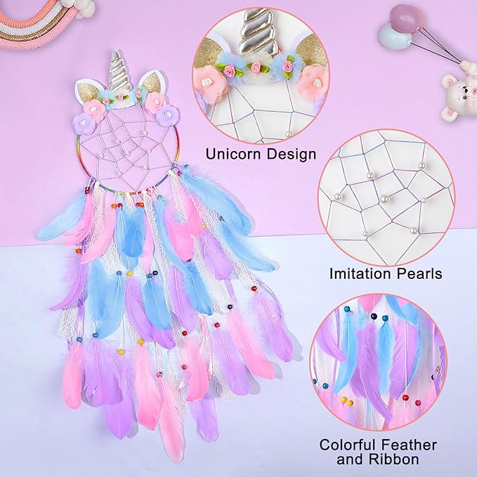 QtGirl Dream Catchers for Kids Unicorn Wall Decor for Girls Bedroom Flower Feather Wall Hanging Decoration