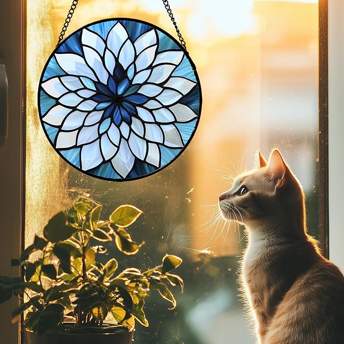 Stained Glass Suncatcher, Blue White Multi-Petal Flowers Sun Catcher Landscape Stain Glass Window Hanging Decoration Mother's Day Birthday Gifts for Women Men Mom Nana 7.8 in