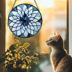 Stained Glass Suncatcher, Blue White Multi-Petal Flowers Sun Catcher Landscape Stain Glass Window Hanging Decoration Mother's Day Birthday Gifts for Women Men Mom Nana 6.3 in