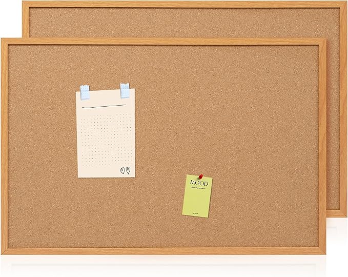 2 Pack Cork Board Bulletin Board 24 x 36, Wood Framed Corkboards for Wall Decor, Hanging Office Message Board, Large Wall Mounted Notice Pin Board with 30 Push Pins for School, Home & Office