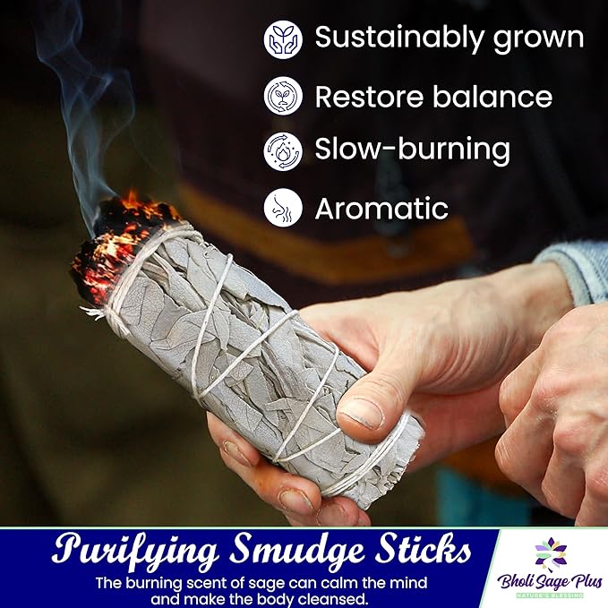 Bholi Sage Plus White Sage Sticks Pack of 3, Sage Smudge Kit 4'' Long Dried Sage Sticks for Meditation, Smudging and Cleansing, Getting Rid of Negative Energy