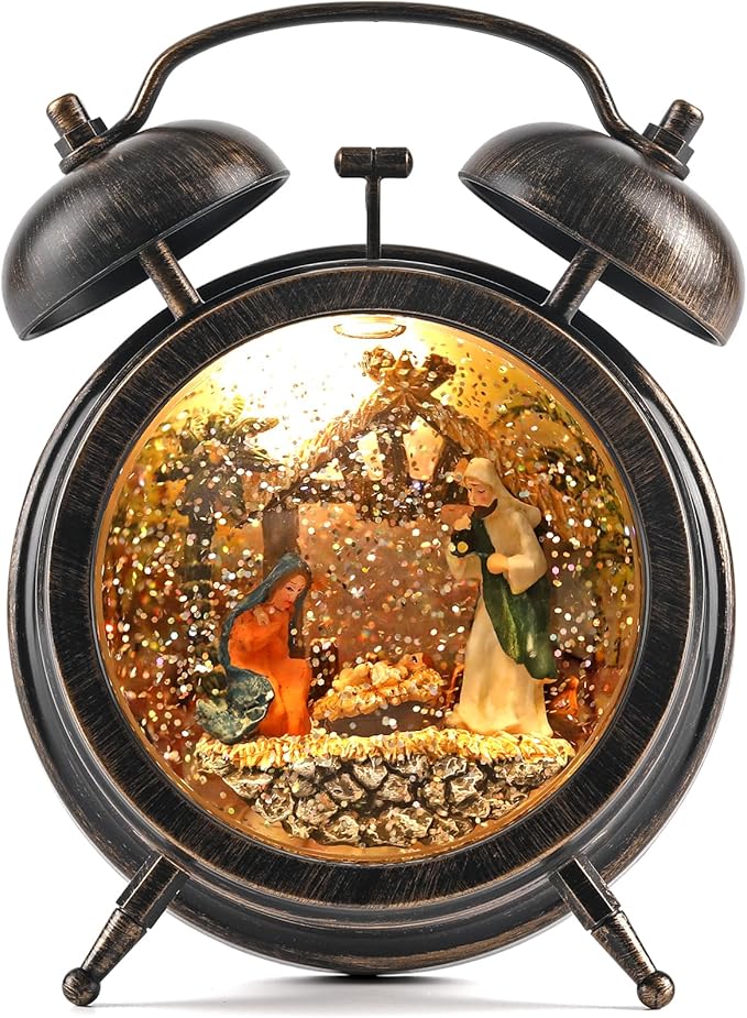 Kikth Red/Bronze Retro Plastic Lighted Musical Snow Globe, Alarm Clock Snow Globe 6H Timer, USB/Battery Operated Christmas Decorations Indoor (Nativity)