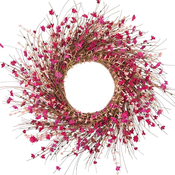 26 Inch Pink Wildflower Wreath with Berries - Handmade Spring Summer Easter Decoration for Front Door, Wall, Fireplace, Wedding, Party - Indoor/Outdoor Use (Rose Red)