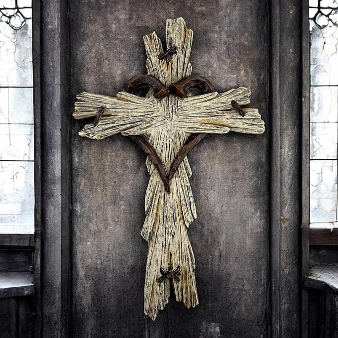 Rustic Wood-Look Resin Wall Cross with Barbed Wire & Nail Heart Accents – 11 ½” Christian Farmhouse Wall Décor, Inspirational Religious Gift (Whitewash)