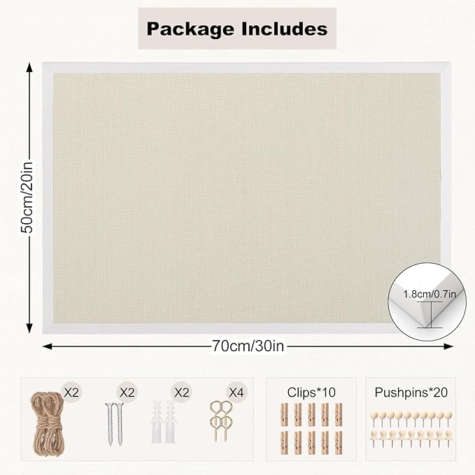 Thboxes Cork Board with Linen, 30" x 20" Double-Sided Bulletin Board Corkboard for Wall Picture Display Framed Vision Boards for Home Office School Pin Boards with 20 Pushpins &10 Clips