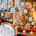 OuMuaMua Winter Christmas Snowflake Decorations Indoor, 36PCS 3D Silver Rose Gold Snowflakes Christmas Hanging Ornaments for Home Xmas Christmas Holiday Winter Wonderland New Year Party Decor Supplies