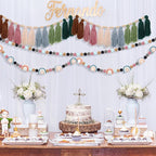 Hahafelt 4 Pcs Sage Green Boho Tassel Garland Wood Bead Tassel Garland Colorful Felt Rainbow Pom Pom Banner Nursery Room Holiday Decoration Retro Wall Hanging Bunting Banner for Home Bedroom Decor