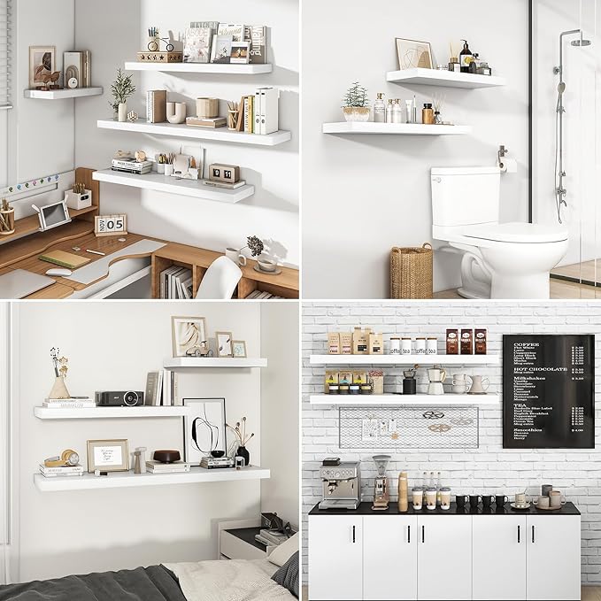 RICHFOCUS 48Inch Floating Shelves for Wall 2 Pack Shelves for Bedroom|Kitchen|Bathroom Wall Mounted Rustic Wood Floating Shelf with Invisible Brackets for Books|Storage|Decor, White