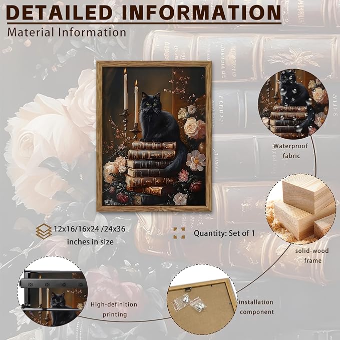 Vintage Dark Academia Framed Wall Art, Victorian Black Cat Floral Canvas Prints, Antique Book Wildflower Gothic Wall Decor for Living Room Gallery Library – Dark Wooden Frame 12x16in
