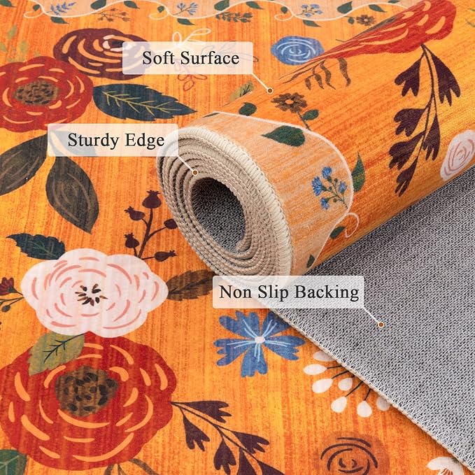 U'Artlines 6x9ft Fall Floral Area Rug, Machine Washable Ultra Soft Low Pile Non Slip Non Shedding Accent Floor Carpet for Living Room, Bedroom, Dining Room, Office (Orange)