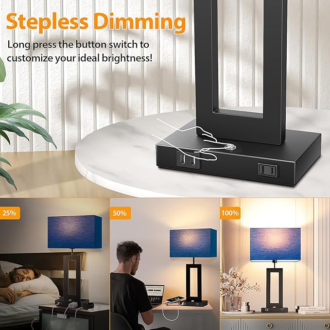 3 Color Temperatures Table Lamps for Bedrooms Set of 2, 22’’ Touch Control Bedside Nightstand Lamps with 2 USB Ports & AC Outlet, Stepless Dimmable Lamps with Blue Shade, Modern Decor for Living Room