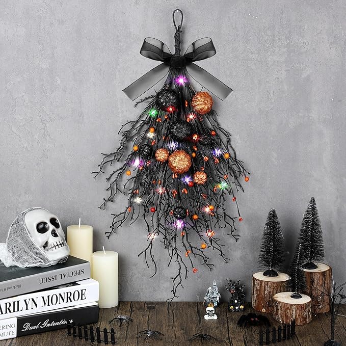2 PCS Halloween Wreaths Halloween Floral Teardrop Swags Hanging Swag Plants Black Garland with Pumpkin Berries and 9.8ft Lights for Indoor Outdoor Party Wall Home Room Fireplace Porch Window Decor