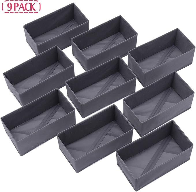 DIOMMELL 9 Pack Foldable Cloth Storage Box Closet Dresser Drawer Organizer Fabric Baskets Bins Containers Divider for Clothes Underwear Bras Socks Lingerie Clothing, Dark Grey 090