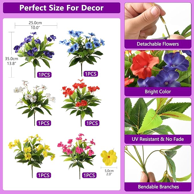 Artificial Fake Flowers for Outdoor, 6 Bundles UV Resistant Faux Plants Decoration Silk Flowers No Fade Plastic Flowers for Outside Planters Home Porch Patio Yard Garden Decor