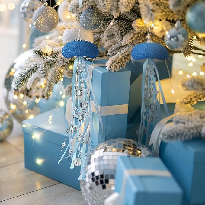 3 Pcs Sea Urchin Jellyfish Christmas Ornament Coastal Beaded Beach Theme Holiday Decor Ocean Inspired Hanging Jellyfish Decoration with Crystal and Ribbon (Dark Blue)