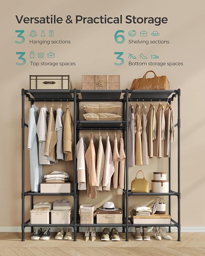 SONGMICS Clothes Rack,72 Inch Large Capacity Portable Closet, Heavy Duty Wardrobe Closet Organizer with Hanging Rails and Shelves, Total Load 330 lb, Easy Assembly, for Bedroom, Black URDR211B01