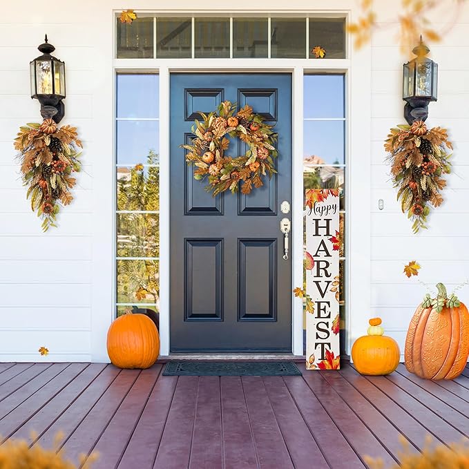 Glitzhome Decorative Teardrop Swag for Front Door, Artificial Wall Swags with Leaf & Pumpkins & Pine Cones & Berries for Home Porch Wall Window Halloween Thanksgiving Indoor Outdoor Decor