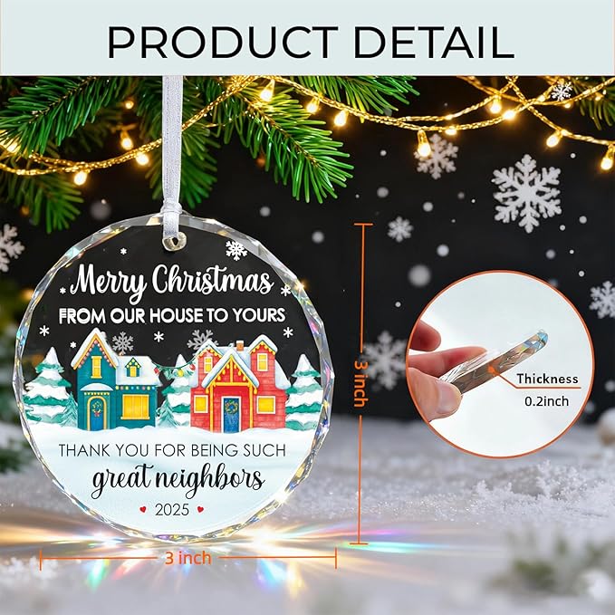 Neighbor Stained Glass Christmas Ornaments 2025,2.8 * 2.8 * 0.2inch Neighbor Gifts for Christmas Tree,Hanging Ornaments