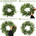 AMF0RESJ 20 inches Artificial Green Olive Wreath Greenery Wreath with Olive Leaves, Bean for Front Door Indoor Outdoor Farmhouse Home Wall Window Festival Wedding Decor, White Gift Box Included