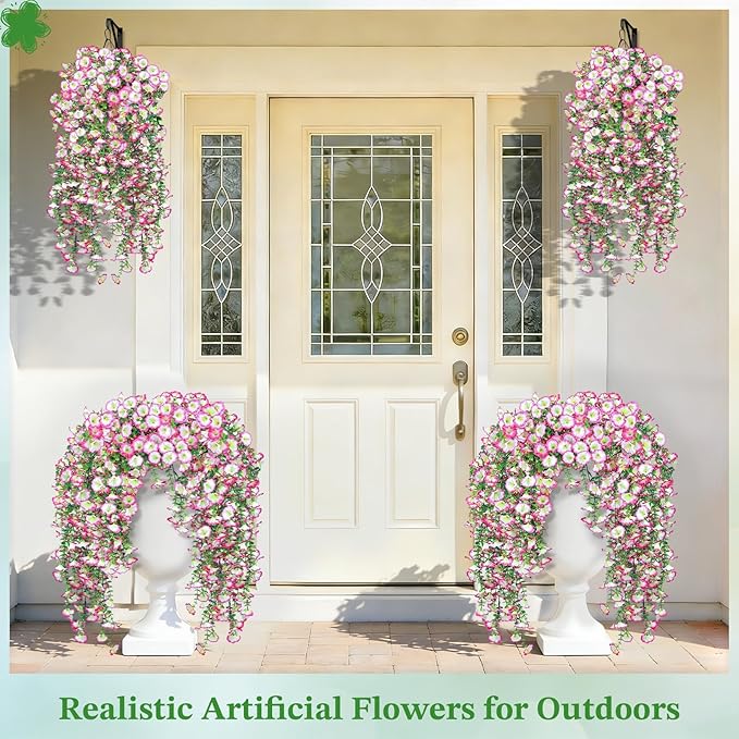 Artificial Hanging Flowers for Outdoors, 6 PCS Silk Morning Glory Artificial Flowers with Eucalyptus Leaves, UV Resistant Fake Flower Realistic Faux Plants for Home Patio Porch Garden, White+Pink