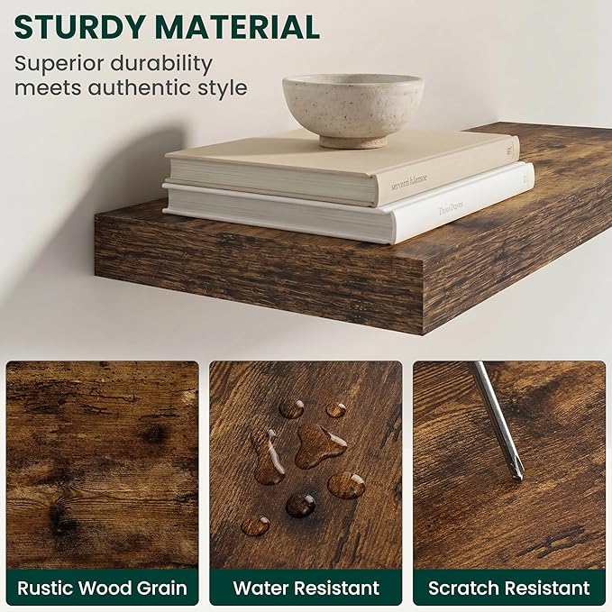 Floating Shelves for Wall 24 in x 9.3 in Deep, Wall Mounted Rustic Wood Shelf with Invisible Brackets for Storage & Display, Living Room Bedroom Bathroom, Brown, 2 Pack