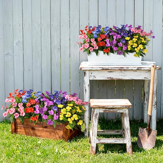 Artificial Fake Flowers for Outdoor, 6 Bundles UV Resistant Faux Plants Decoration Silk Flowers No Fade Plastic Flowers for Outside Planters Home Porch Patio Yard Garden Decor